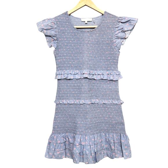 LoveShackFancy Aveline Smocked Baby Blue Ruffled Tiered Mini Dress S ($425) - Picture 4 of 10